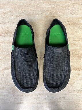 Sanuk Black Knit Slip-On Loafers with Green Insole